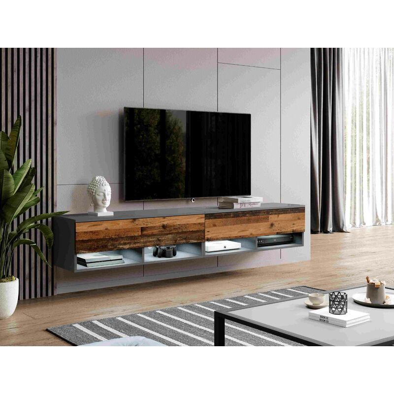 Meuble tv alyx 200 cm (2x100cm) lowboard moderne gris anthracite style ancien bois - Furnix