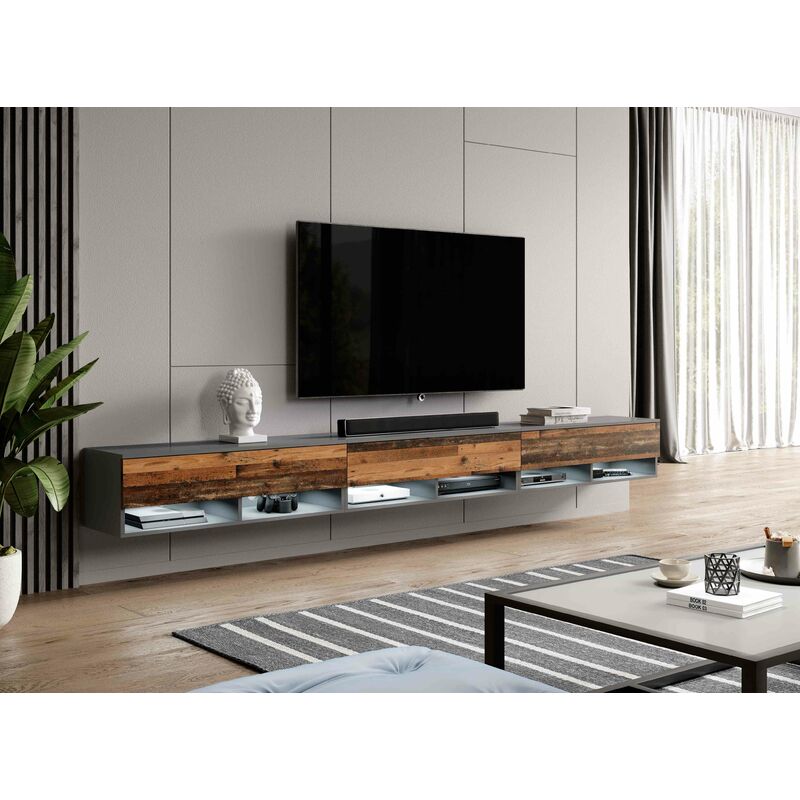 Furnix - Meuble tv alyx 300 cm (3x100cm) avec éclairage led bois style ancien anthracite