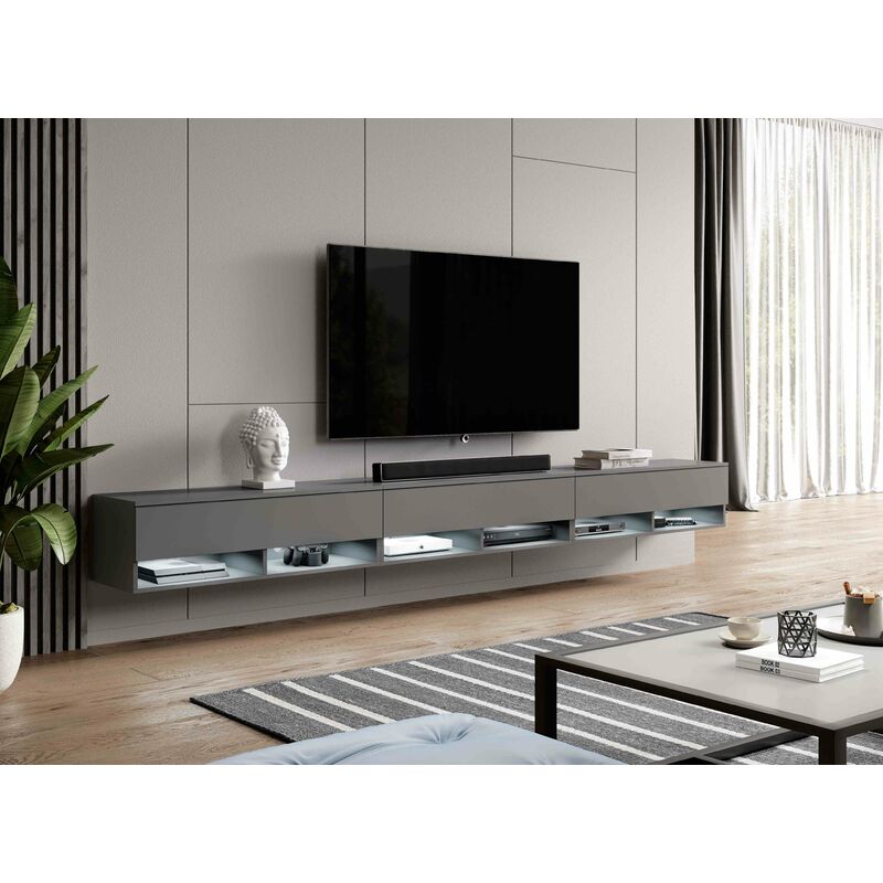 Furnix - Meuble tv alyx 300 cm (3x100cm) lowboard avec éclairage led anthracite