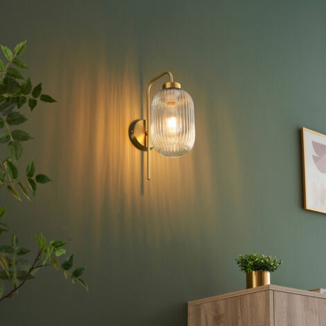 Kosilum – Applique murale vintage dorée en verre cannelé – E27 pour ampoule à filament ambré – Installation simple pour salon et entrée