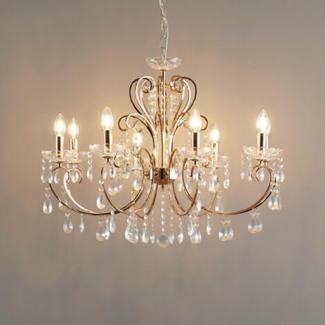 Kosilum – Lustre baroque en cristal doré 8 bras – Dimensions 60x80cm – Culot E14 – Pour ampoules LED allongées – Indice de protection IP20
