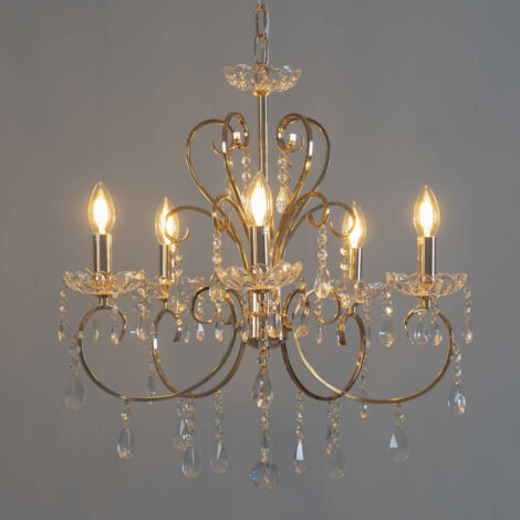 Kosilum – Lustre cristal or rose 5 branches – Métal doré baroque – Pampilles en verre – Culot E14 – Hauteur 57 cm – Diamètre 56 cm