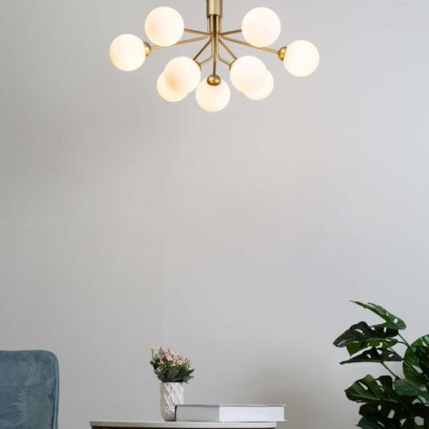 Kosilum – Lustre doré 9 boules en verre blanc – Diamètre 70 cm – Culot G9 pour éclairage salon ou chambre – Design élégant
