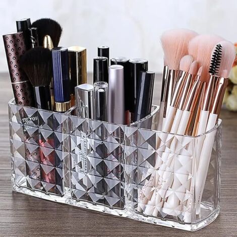 Kosmetik Organizer, 3 Fächern Kristall Makeup Pinsel Halter für Eyeliners Lippenstift Wimperntusche, Acryl Schminkaufbewahrung für Badezimmer Schlafzimmer Waschtische Büro Schreibtisch