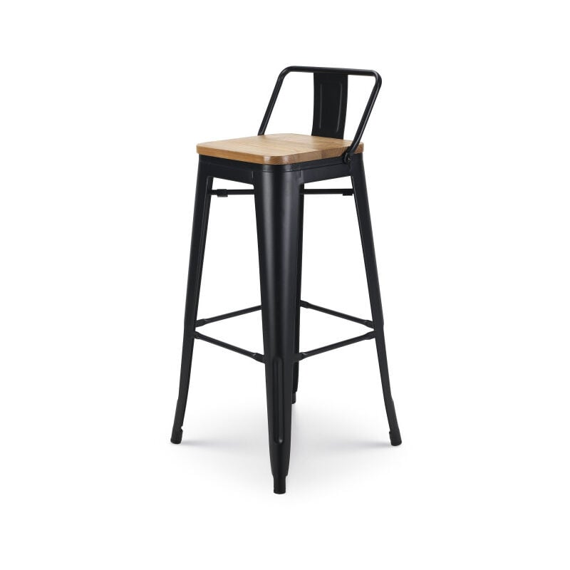 Kosmi - Tabouret de bar en métal noir mat style industriel avec dossier et assise en bois clair - Hauteur 76 cm