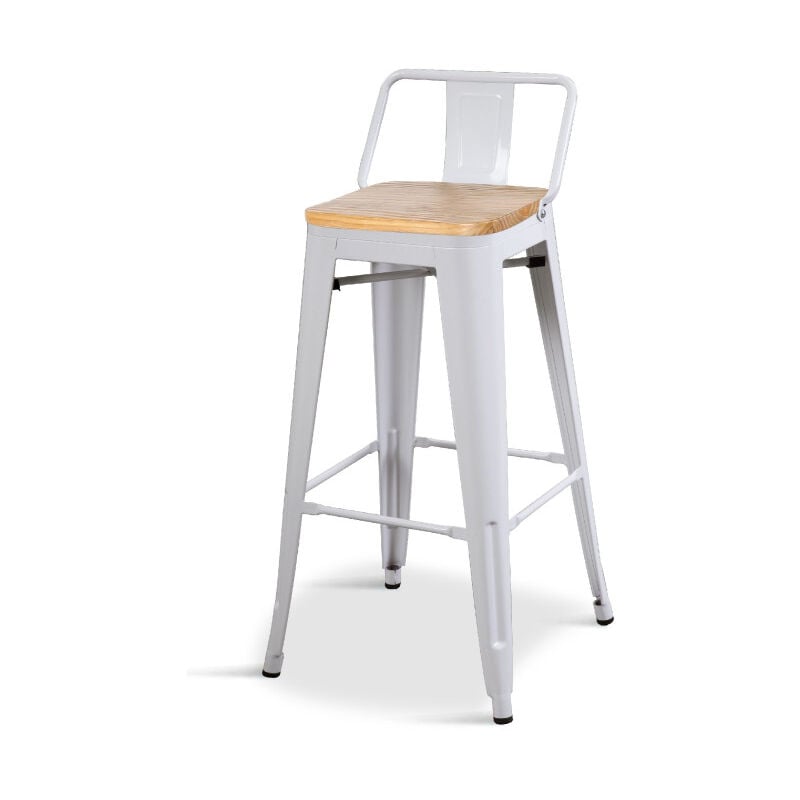 Kosmi - Tabouret style industriel blanc mat et assise en bois clair - Hauteur 76 cm