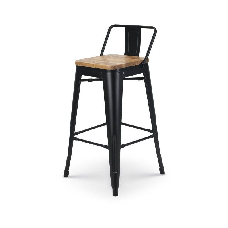 Kosmi - Tabouret de bar en métal noir mat style industriel avec dossier et assise en bois clair - Hauteur 66cm