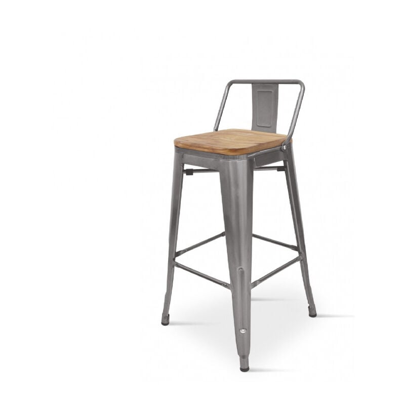 Kosmi - Tabouret de bar en métal brut aspect galvanisé style industriel avec dossier et assise en bois clair - Hauteur 66 cm
