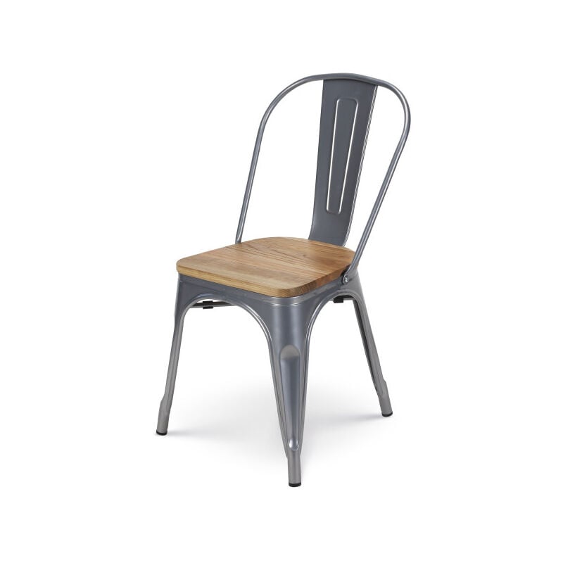 Kosmi - Chaise en métal gris silver avec assise en bois massif clair - Style industriel