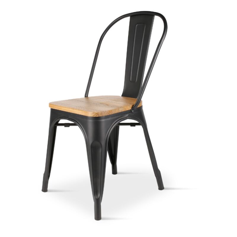 Kosmi - Chaise Noire en métal et Bois Clair Style Industriel Factory en métal Noir Mat et Assise en Bois Clair