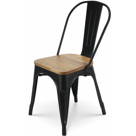 KOSMI - Chaise noire en métal et Bois clair Style Industriel Factory en métal Noir Mat et Assise en Bois Clair - Noir
