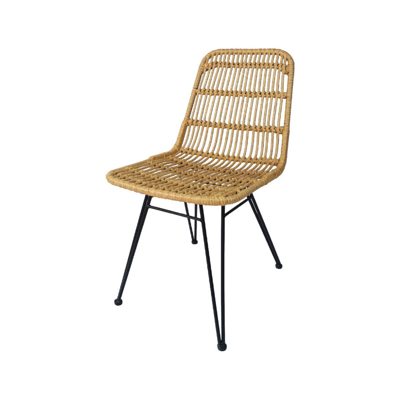 Chaise style nature aspect rotin en résine tressée et pieds en métal noir