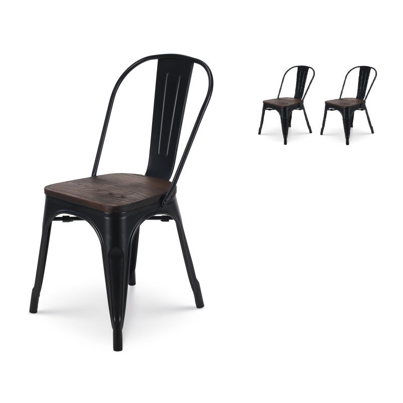 Kosmi - Lot de 2 chaises en métal noir mat et assise en bois foncé - Style industriel