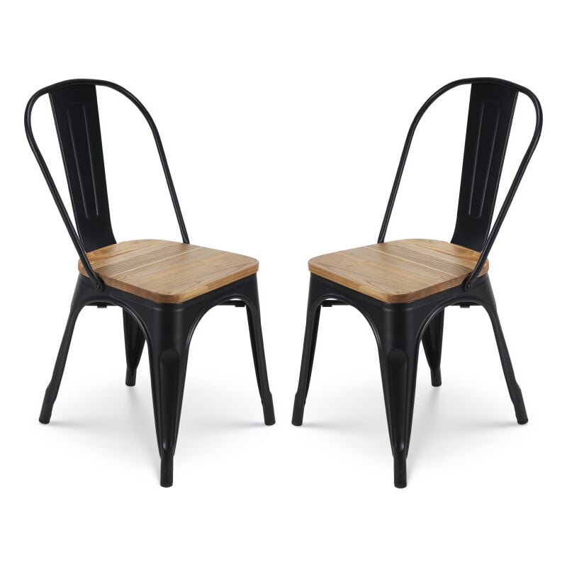 Lot de 2 chaises en métal noir mat et assise en bois clair - Style Industriel - Kosmi