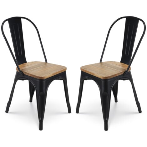 KOSMI - Lot de 2 chaises en métal noir mat et assise en bois clair - Style Industriel