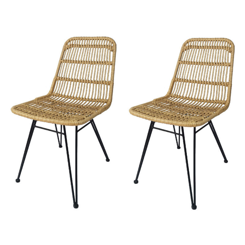 Kosmi - Lot de 2 chaises style nature aspect rotin en résine tressée et pieds en métal noir