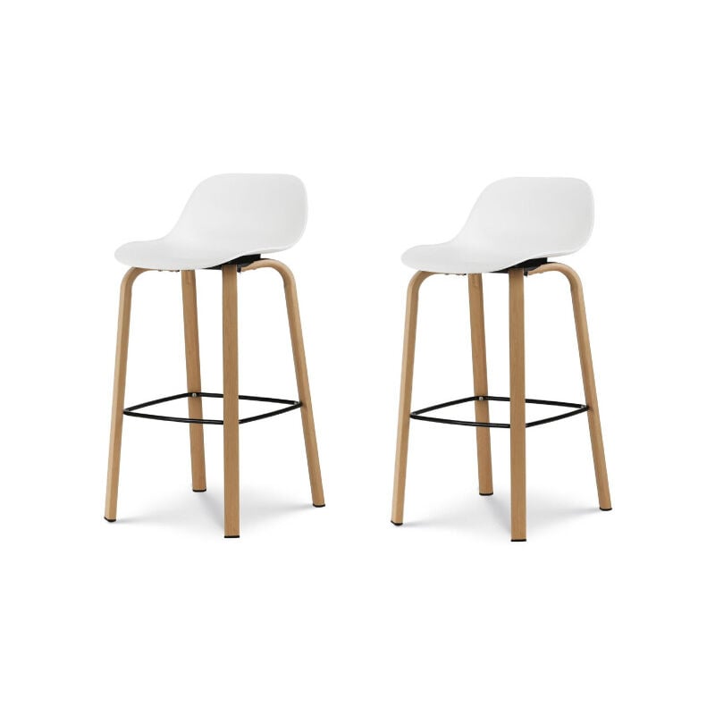 Lot de 2 tabourets de bar blancs style scandinave avec pieds effet bois en métal - Hauteur 66cm
