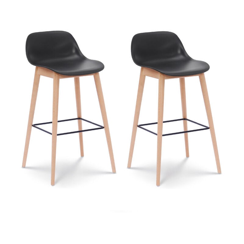 Kosmi - Lot de 2 tabourets de bar noirs style scandinave avec pieds en bois naturel - Hauteur 76 cm