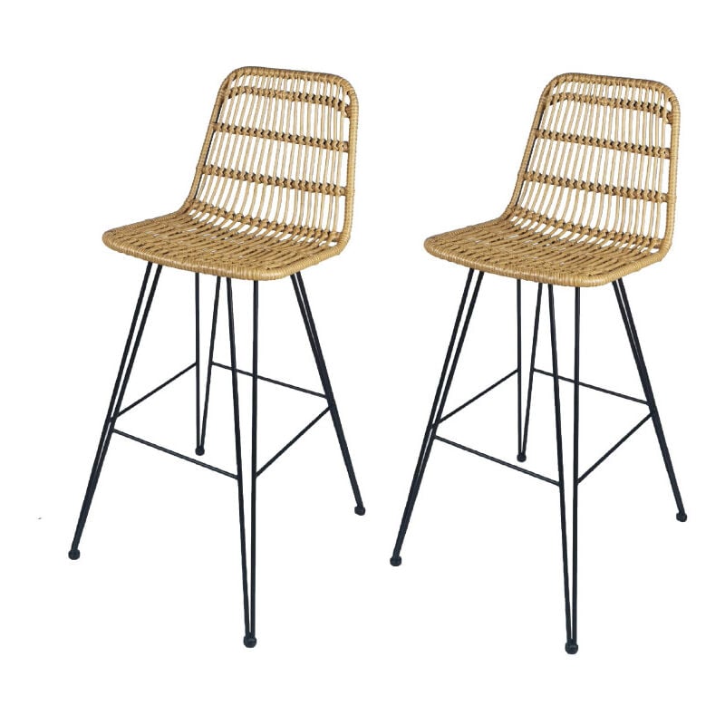 Kosmi - Lot de 2 tabourets de bar style nature aspect rotin en résine tressée et pieds en métal noir - Hauteur 63cm