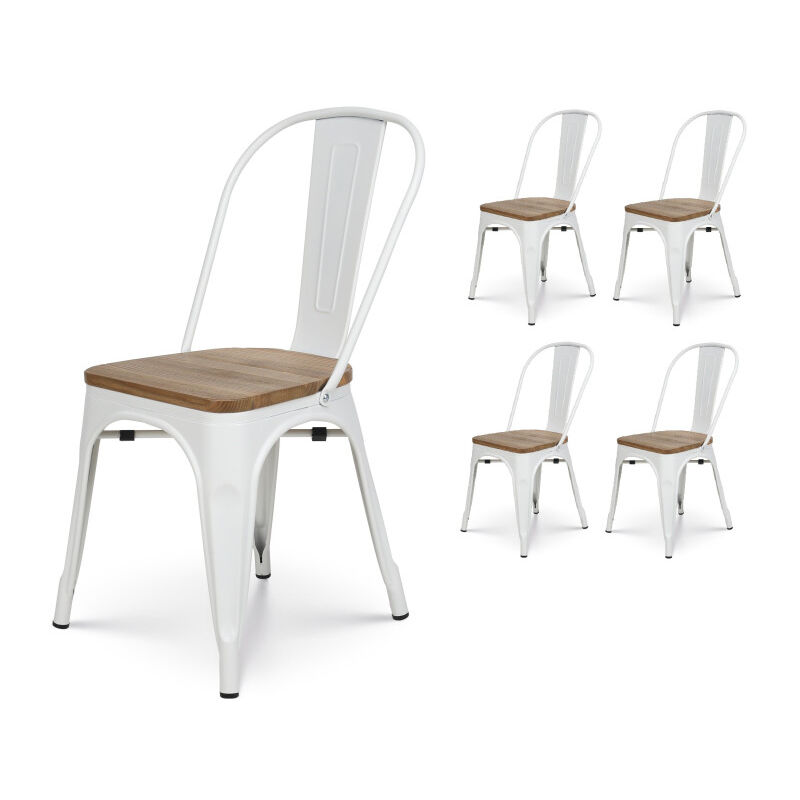 Lot de 4 chaises en métal blanc mat et assise en bois clair - Style industriel
