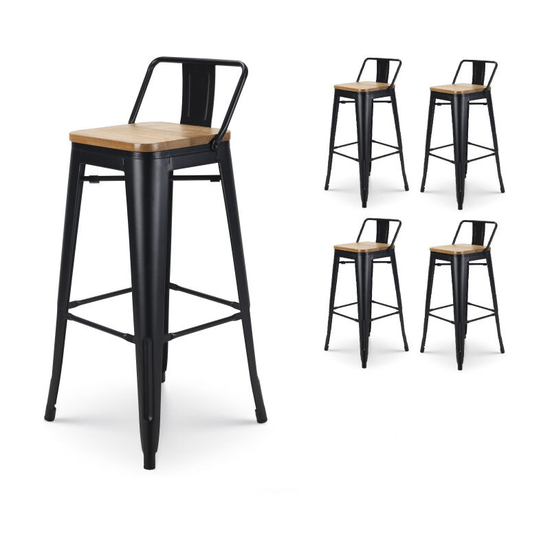 Kosmi - Lot de 4 tabourets de bar en métal noir mat style industriel avec dossier et assise en bois clair - Hauteur 76 cm