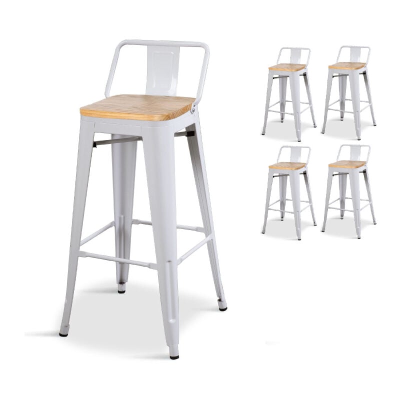 Kosmi - Lot de 4 tabourets de bar en métal blanc mat style industriel avec dossier et assise en bois clair - Hauteur 76 cm