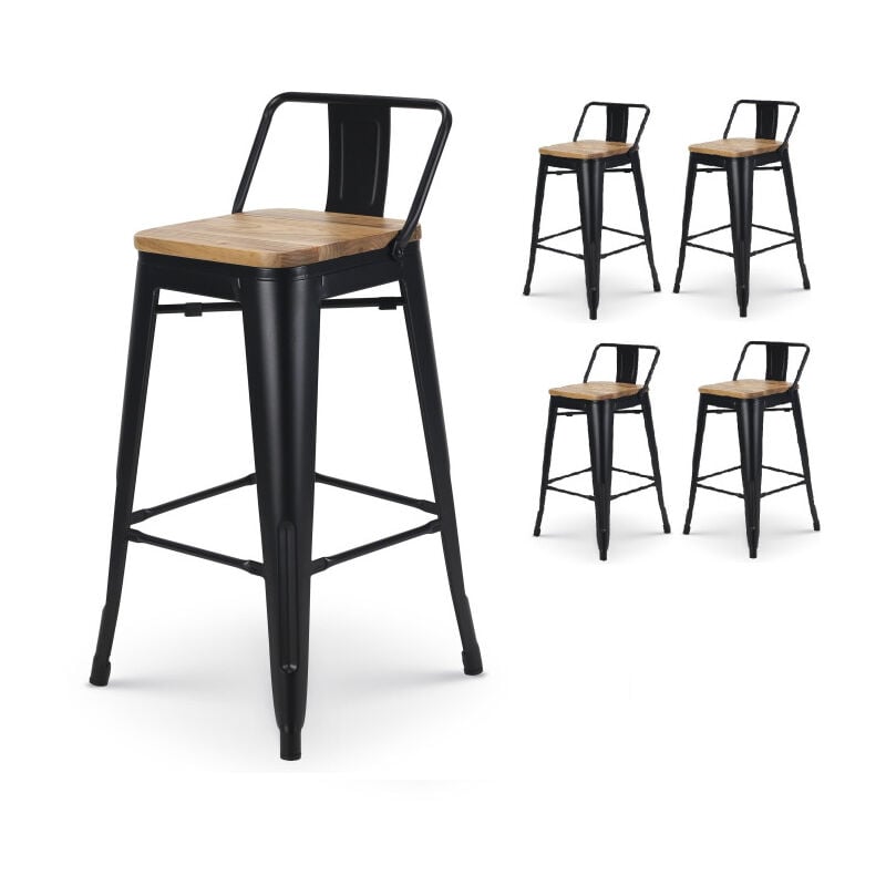 Kosmi - Lot de 4 tabourets de bar en métal noir mat style industriel avec dossier et assise en bois clair - Hauteur 66cm