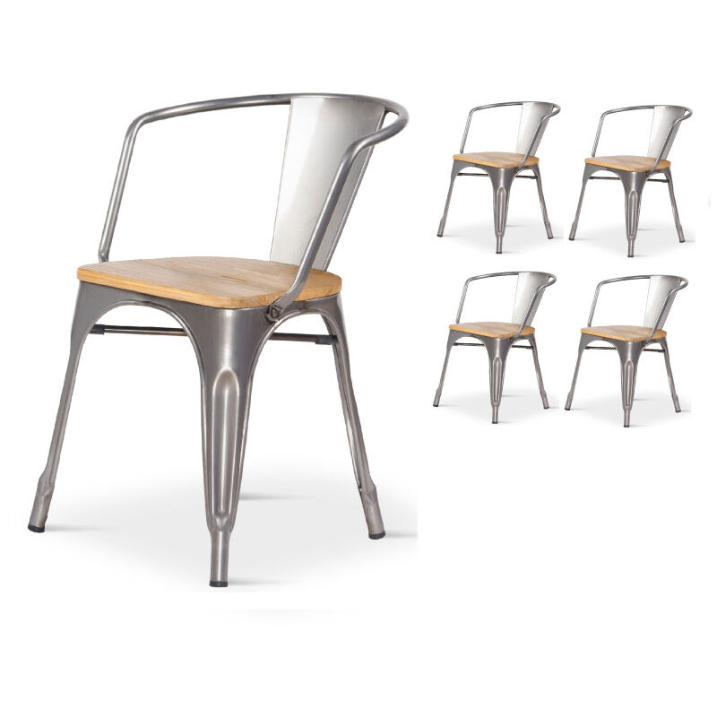 Kosmi - Lot de 4 chaises en métal brut style industriel avec assise en bois clair - Avec accoudoirs