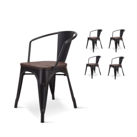 KOSMI - Lot de 4 chaises en métal Noir et Bois foncé Style Industriel Factory en métal Noir Mat, Assise en Bois foncé et accoudoirs