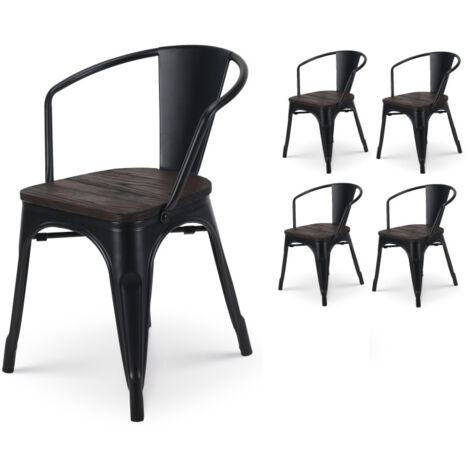 Kosmi – Lot de 4 chaises en métal noir mat – Assise en bois massif foncé – Style industriel – Empilables pour intérieur – Montage simple