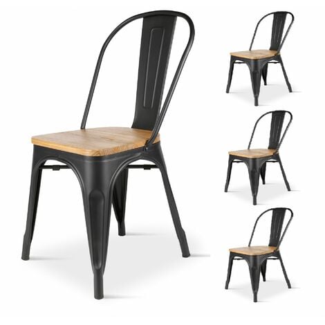 KOSMI - Lot de 4 chaises en métal noir mat et assise en bois clair - Style industriel