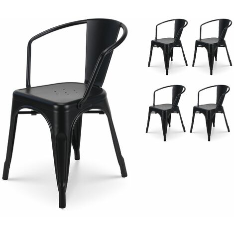 KOSMI - Lot de 4 chaises en métal noir mat style industriel - Avec accoudoirs - Noir