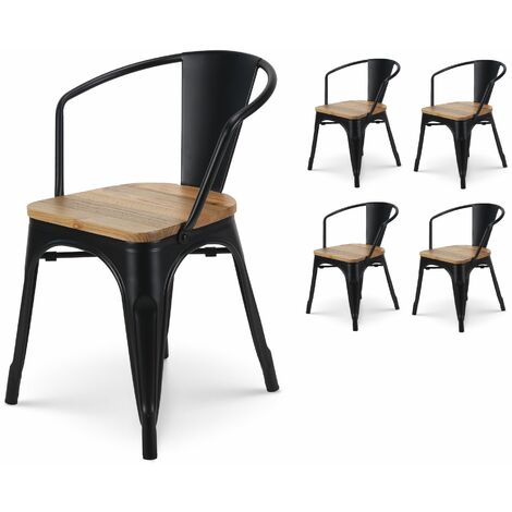 KOSMI - Lot de 4 chaises en métal noir mat Style Industriel Factory avec assise en bois naturel clair, Fauteuils industriels avec accoudoirs