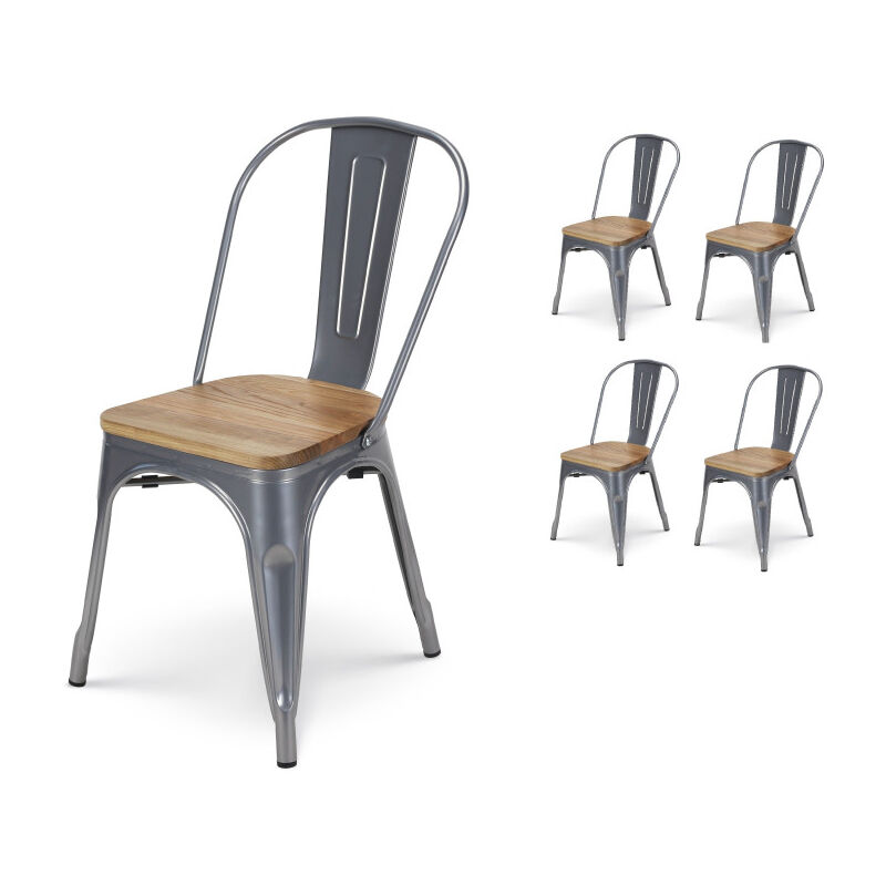 Kosmi - Lot de 4 chaises en métal gris argenté et assise en bois clair - Style industriel