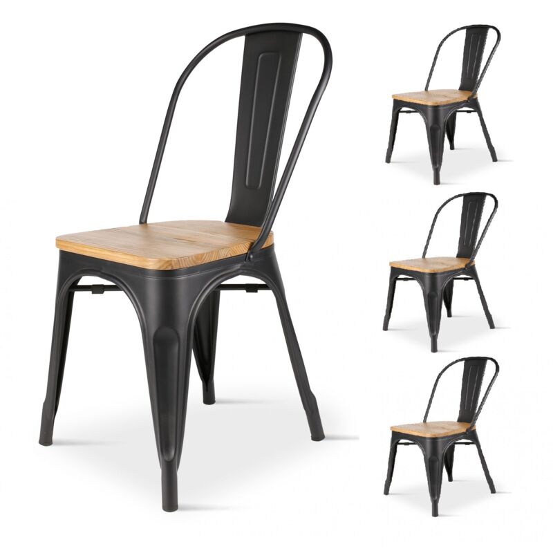 KOSMI  Lot de 4 Chaises noires en métal et Bois clair Style Industriel