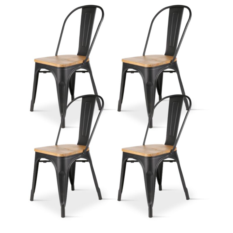 Kosmi - Lot de 4 chaises en métal noir mat et assise en bois clair - Style industriel