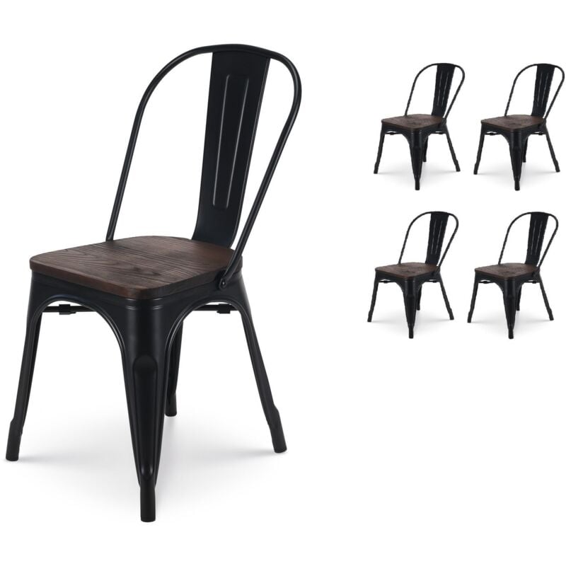 Kosmi - Lot de 4 chaises en métal noir et assise en bois foncé - Style industriel