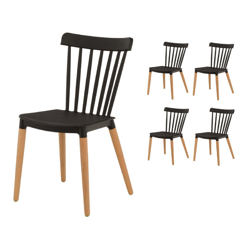 Kosmi - Lot de 4 chaises style scandinave à barreaux modèle pop - Coque en résine noire et pieds en bois naturel
