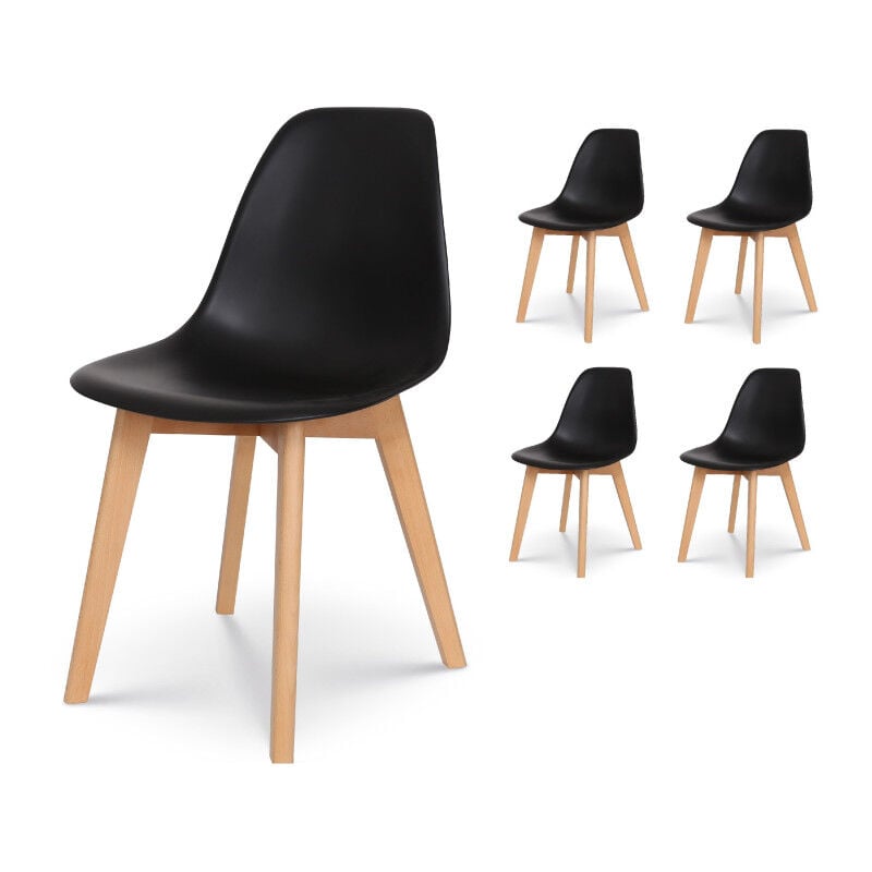 Kosmi - Lot de 4 chaises style scandinave modèle gabby - Coque en résine noire et pieds en bois naturel