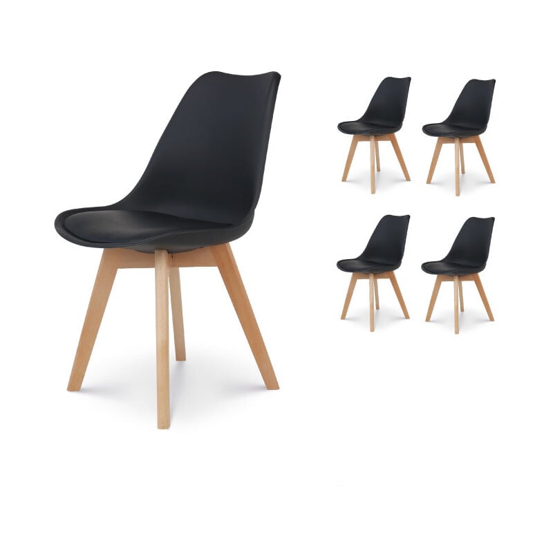 Kosmi - Lot de 4 Chaises noires Style scandinave modèle victoire - Coque en résine noire rembourrée et Pieds en Bois Naturel