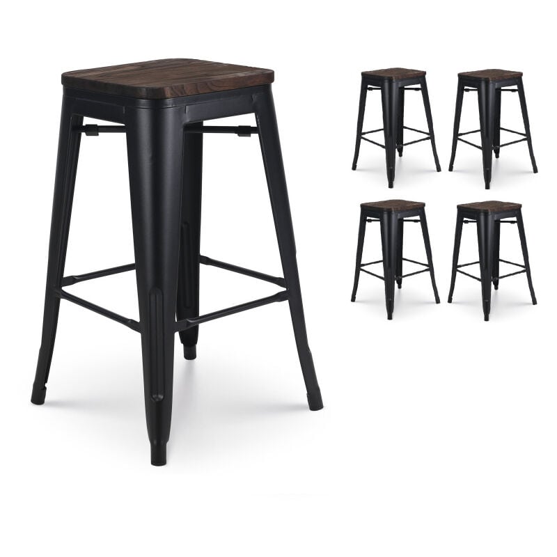 Lot de 4 tabourets de bar en métal noir mat style industriel et assise en bois foncé - Hauteur 66cm