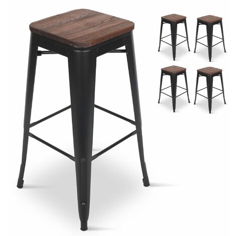 KOSMI - Lot de 4 Tabourets de bar en métal noir mat et assise en bois foncé, Tabouret métal et bois haut hauteur 76cm parfait pour table de 100 cm et plus