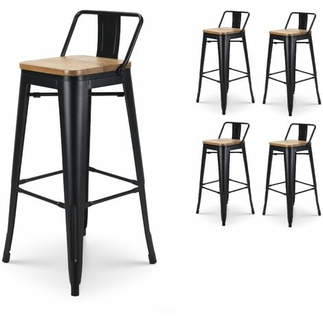 KOSMI - Lot de 4 tabourets de bar en métal noir mat style industriel avec dossier et assise en bois clair - Hauteur 76 cm