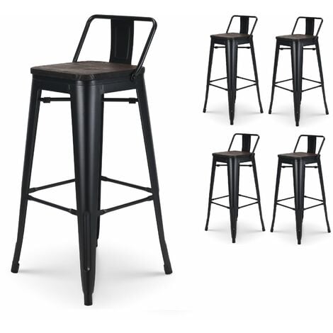 KOSMI - Lot de 4 tabourets de bar en métal noir mat style industriel avec dossier et assise en bois foncé - Hauteur 76 cm