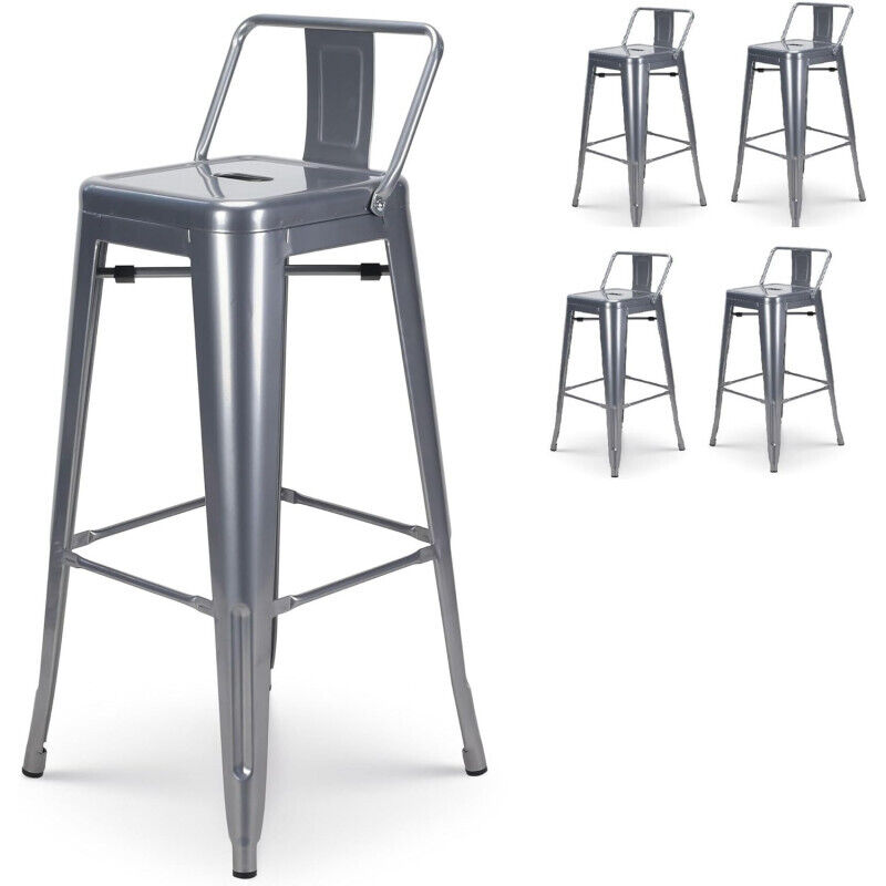 Kosmi - Lot de 4 tabourets de bar en métal silver avec dossier - Hauteur 76 cm