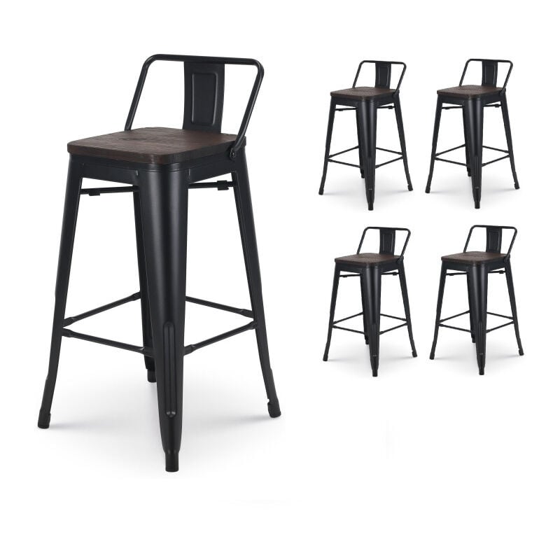 Kosmi - Lot de 4 tabourets de bar en métal noir mat style industriel avec dossier et assise en bois foncé - Hauteur 66cm