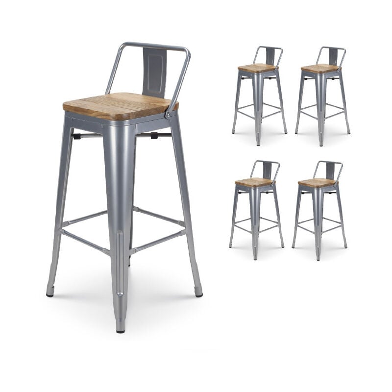 Kosmi - Lot de 4 tabourets de bar en métal silver style industriel avec dossier et assise en bois clair - Hauteur 66 cm