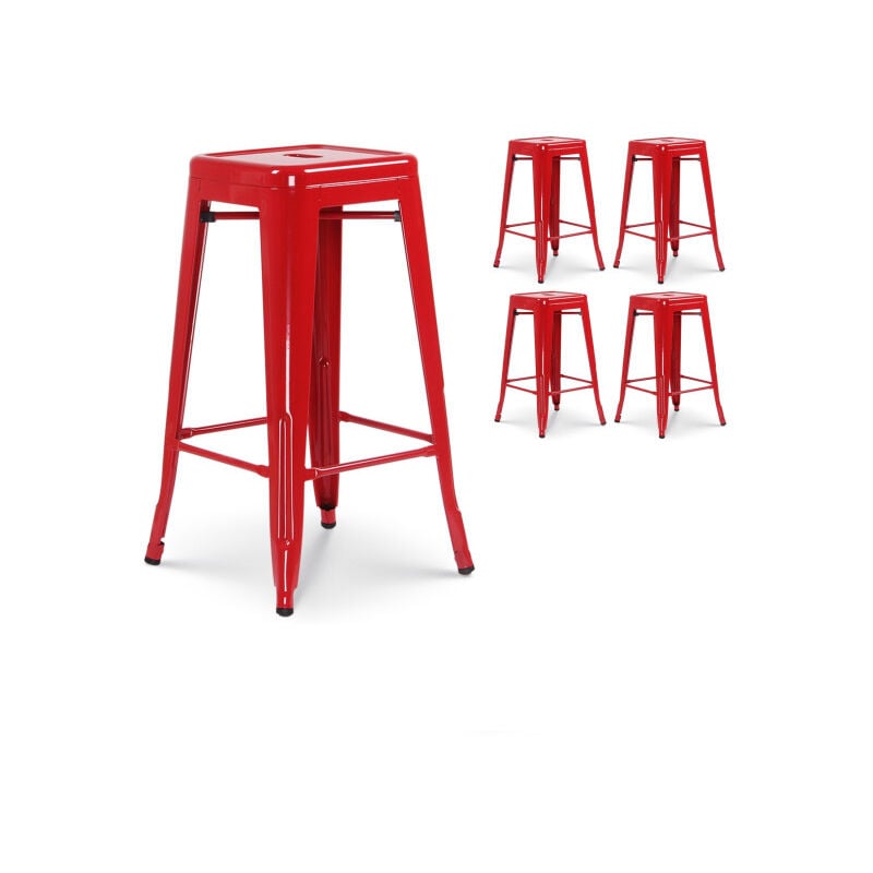 Kosmi - Lot de 4 tabourets de bar en métal rouge brillant style industriel - Sans dossier - Hauteur 66 cm