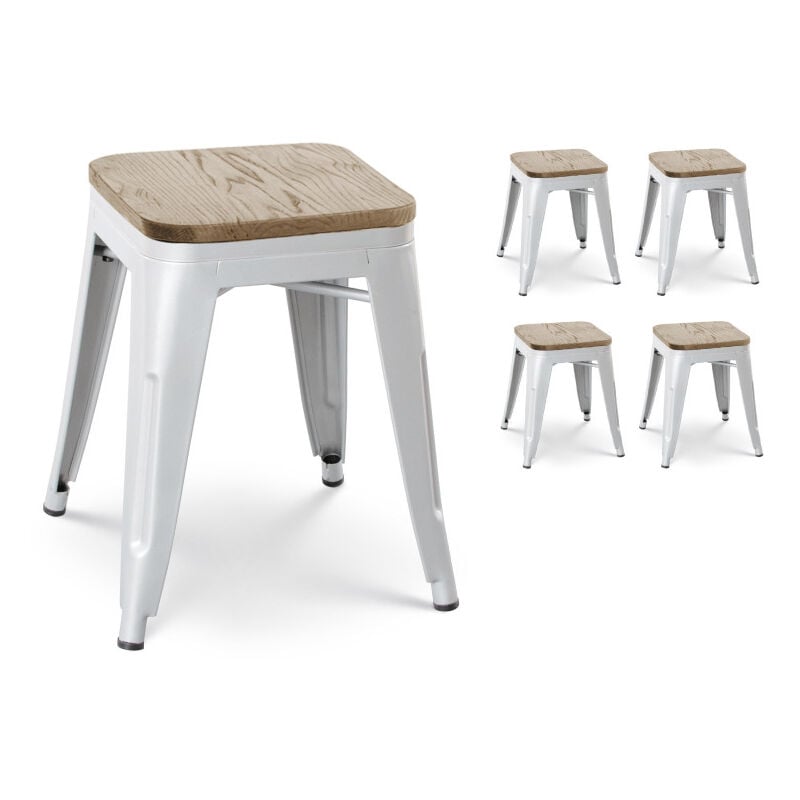Lot de 4 tabourets en métal blanc mat style industriel et assise en bois clair - Hauteur 46 cm