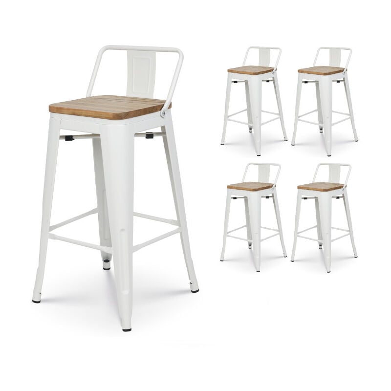 Lot de 4 tabourets en métal blanc mat style industriel avec dossier et assise en bois clair - Hauteur 66cm